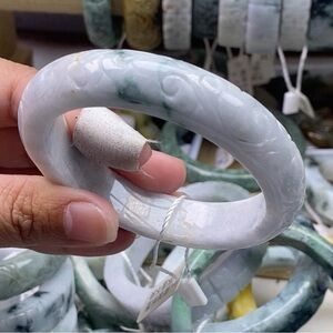 Genuine White and Green Carved Jade Bangle Bracelet Size 56.8